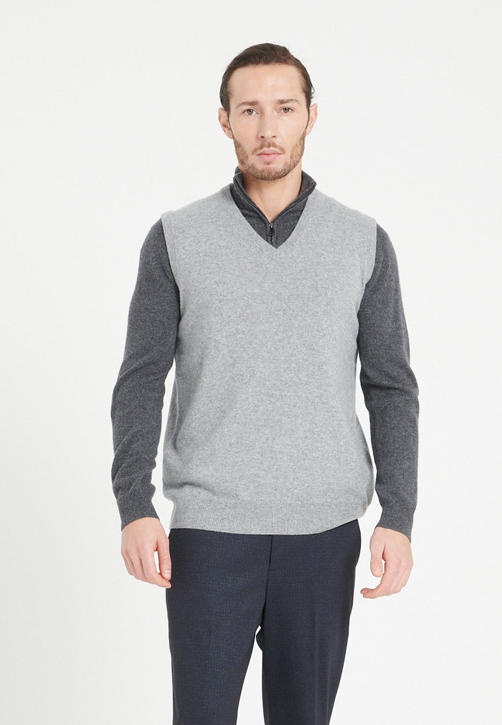 Gilet Col V Sans Manches Homme Cachemire Gris Clair - Luxe LUKE 9