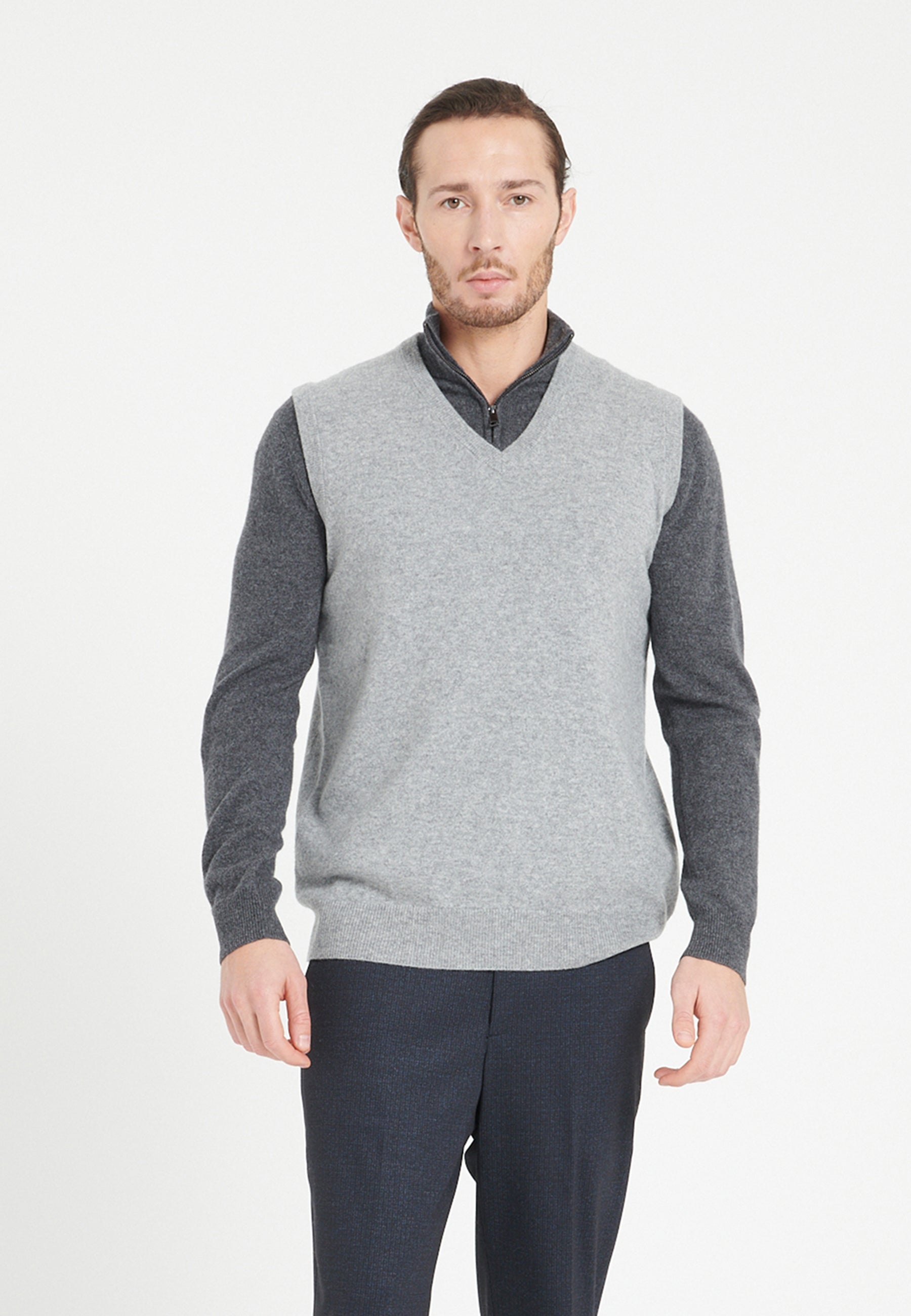 Gilet Col V Sans Manches Homme Cachemire Gris Clair - Luxe LUKE 9