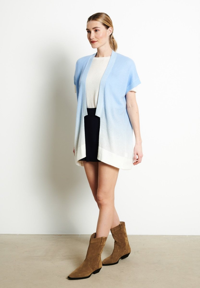 Gilet Manches Courtes Femme Cachemire Tie & Dye Blanc Bleu - Luxe AVA 11A
