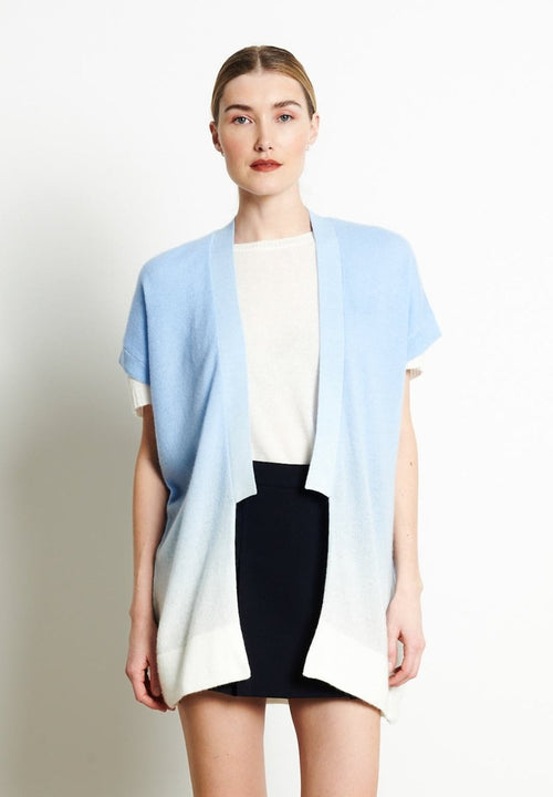 Gilet Manches Courtes Femme Cachemire Tie & Dye Blanc Bleu - Luxe AVA 11A