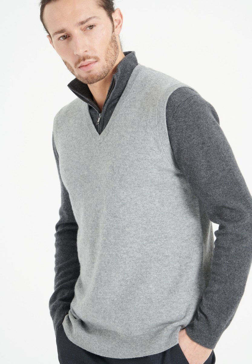 Gilet Col V Sans Manches Homme Cachemire Gris Clair - Luxe LUKE 9